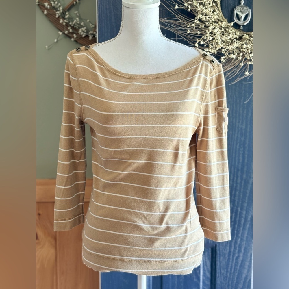 Lauren Ralph Lauren Beige and White Striped Blouse size M